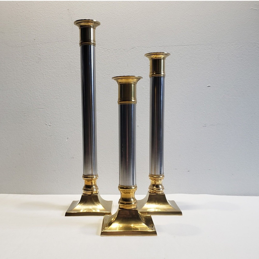 Candlestick Holders Brass Silver Mixed Metal Graduated Set of 3 Vintage